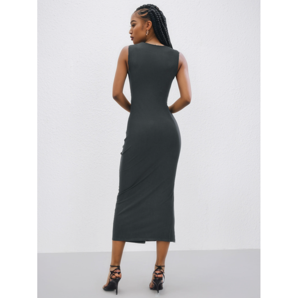 Round Neckline split midi dress