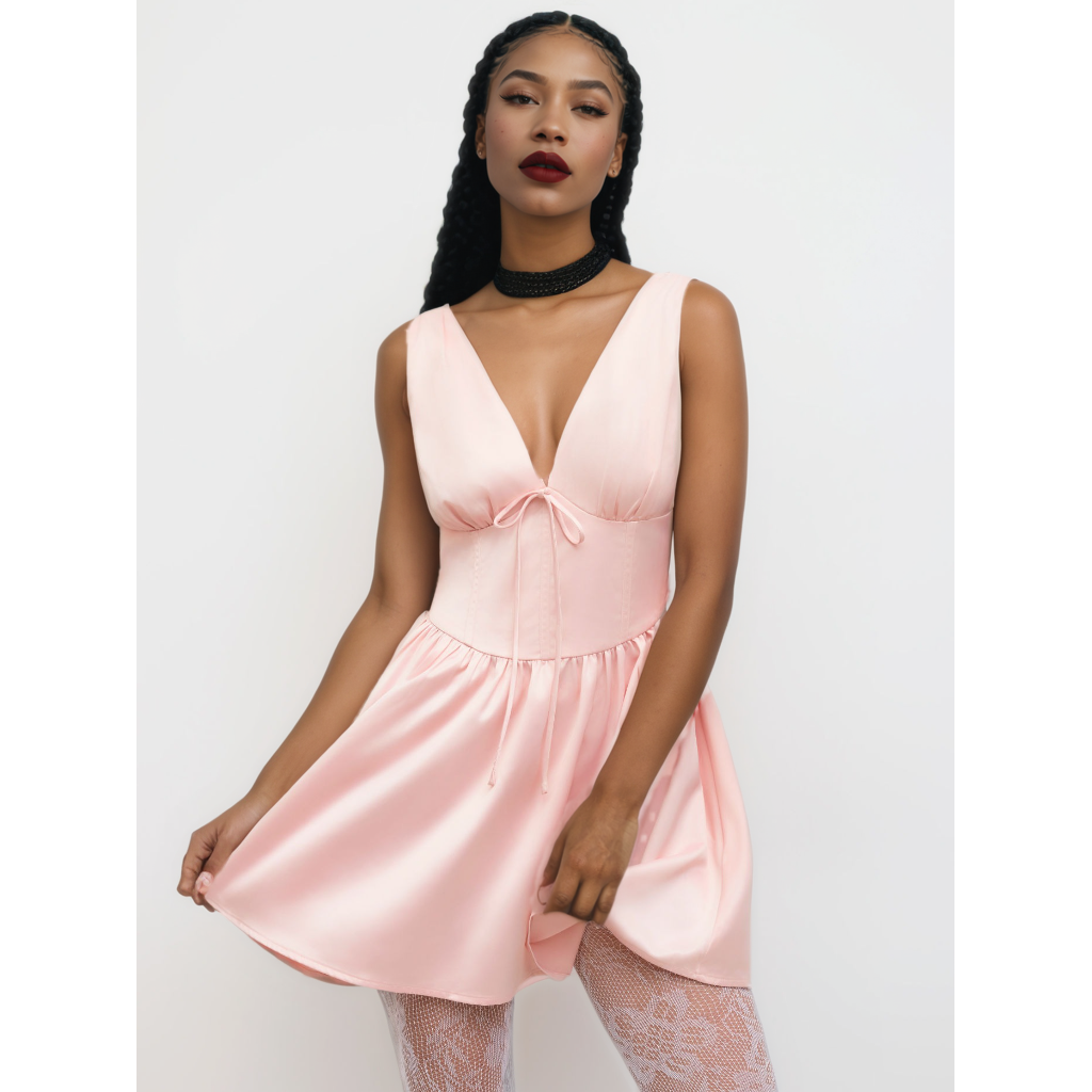 Satin V-neck Ruffle Corset Mini dress