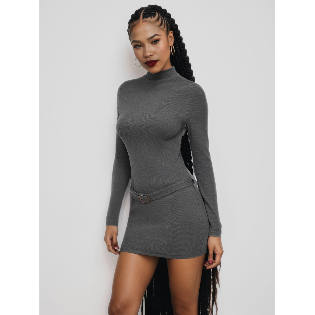 Stand collar mini dress with belt