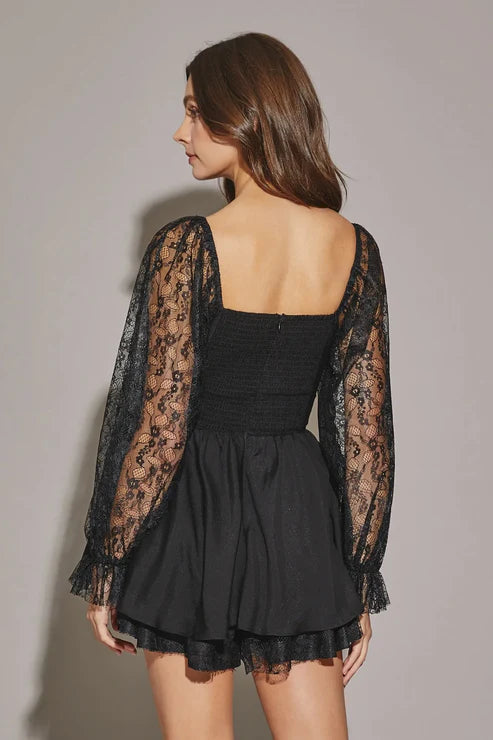 Lace Long Sleeve Flare Layered Silhouette Mini Dress