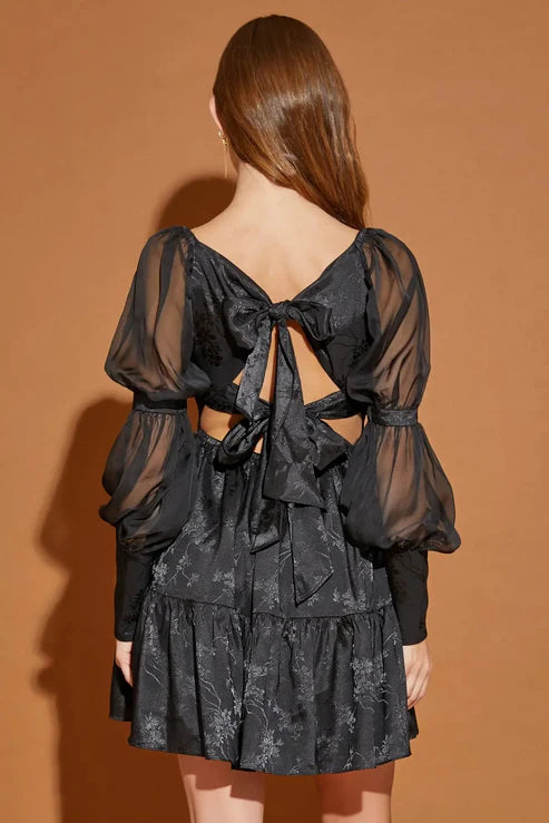 Black Puff sleeve Tiered back Ribbon Dress