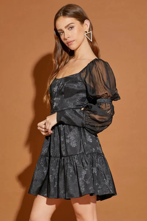Black Puff sleeve Tiered back Ribbon Dress