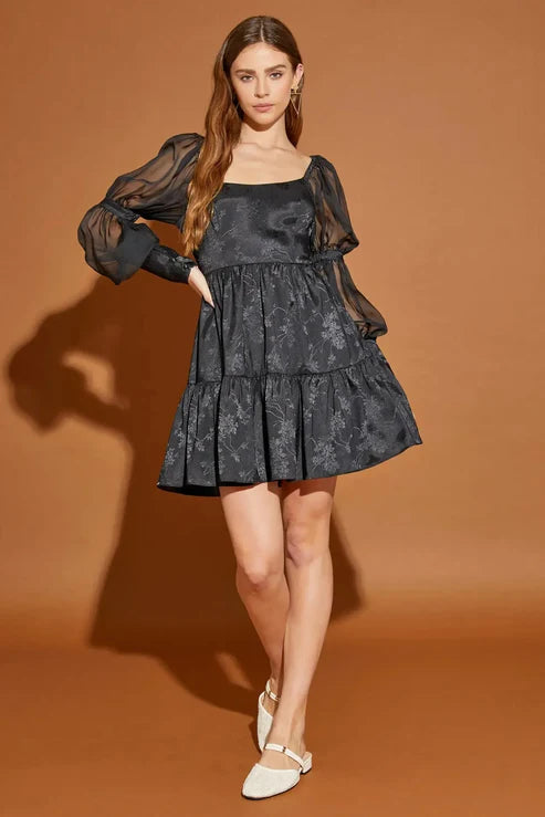 Black Puff sleeve Tiered back Ribbon Dress