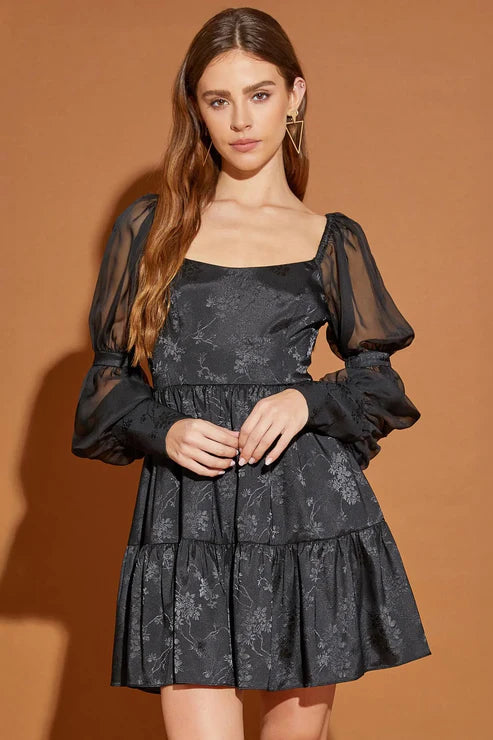 Black Puff sleeve Tiered back Ribbon Dress