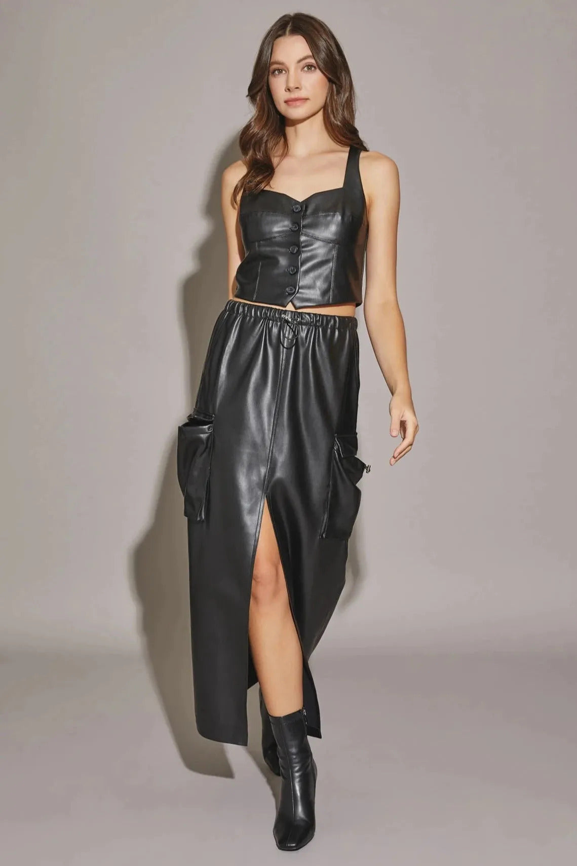 Faux Leather Cargo Midi skirt